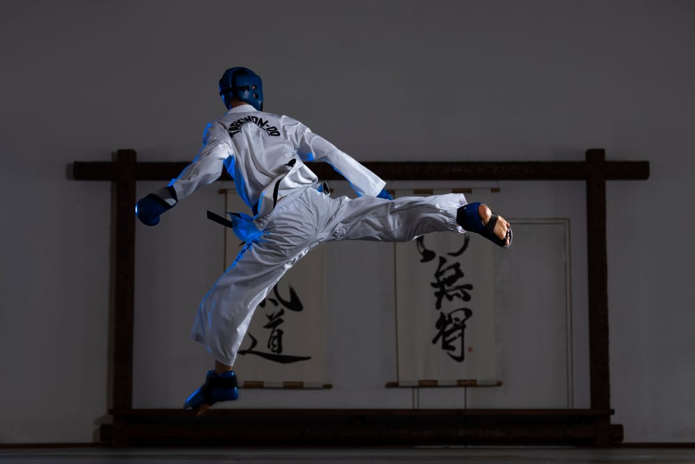 an image of a man wearing taekwondo equipment