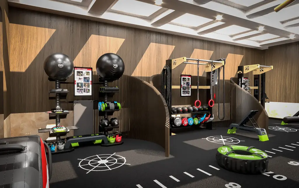 A modern and well-equipped gym interior with various functional fitness equipment.