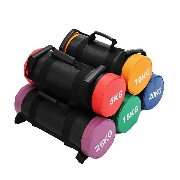 A set of weight bags in various sizes and colors, ranging from 5kg to 25kg.