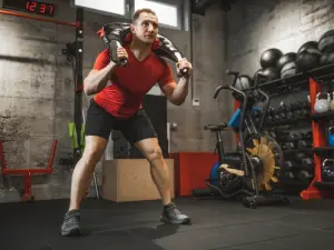 A guy is carrying a Bulgarian bag at a gym.