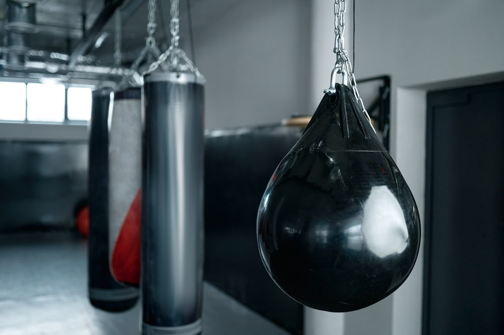 Several types of punching bags of different shapes and sizes hanging from chains in a gym.

