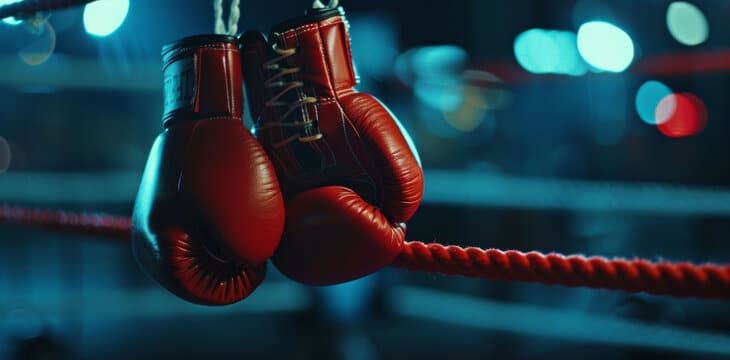 Professional boxer's glove hanging in a boxing ring, ready for a fight