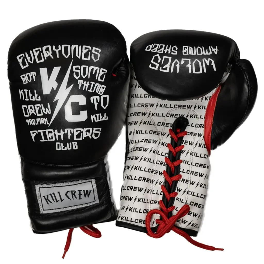 A pair of lace up boxing gloves