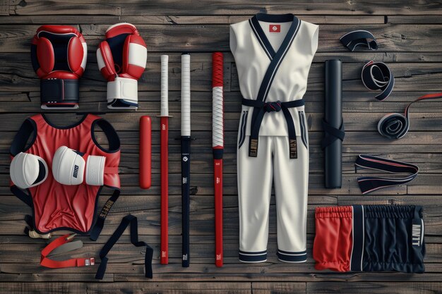 An assortment of taekwondo equipment