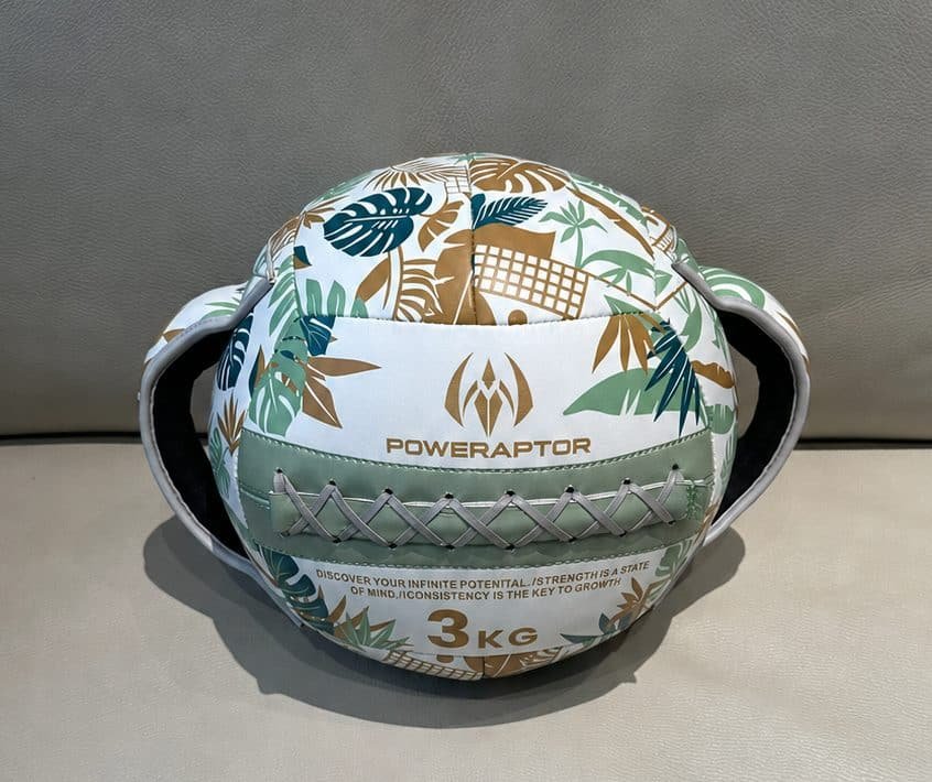 Custom 3 kg handle wall ball front view with Poweraptor branding