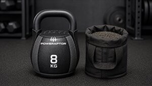 Iron sand filled soft kettlebell with Poweraptor logo for wholesale gym equipment buyers