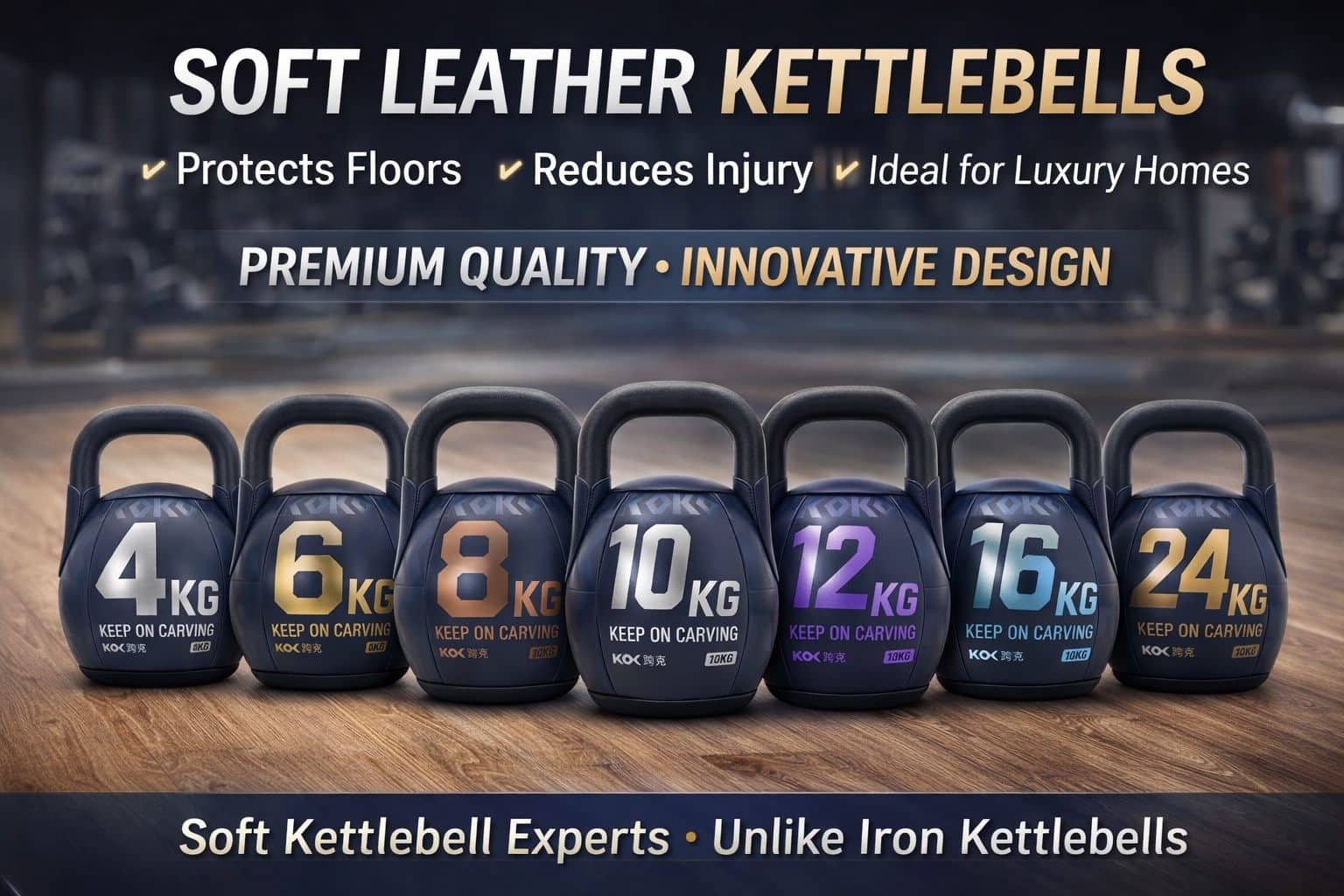 Poweraptor soft leather kettlebell lineup for commercial gym and wholesale buyers